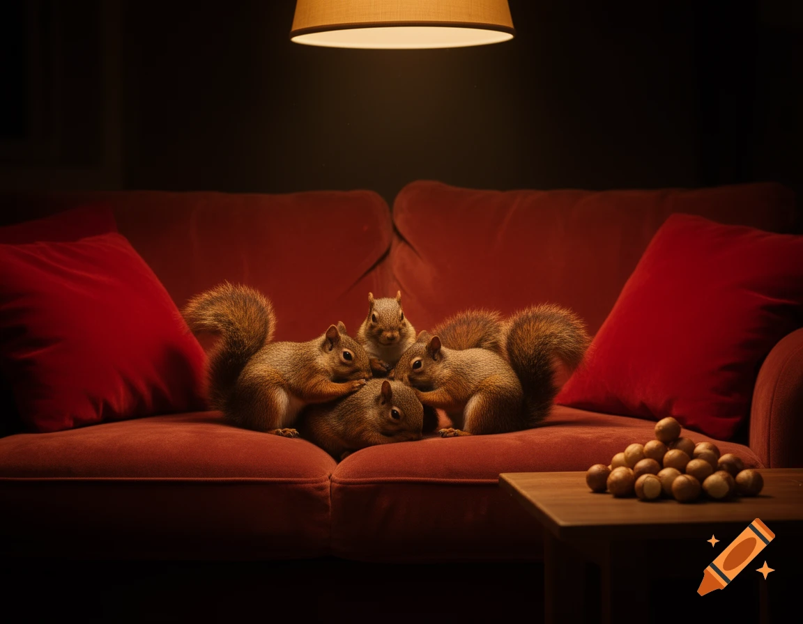 Four photorealistic squirrels cuddle on a red couch under a lamp, with a pile of macadamia nuts on a side table.