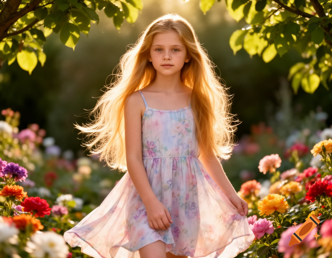 Young girl with long blonde hair in a floral dress stands in a sunny garden filled with colorful flowers.