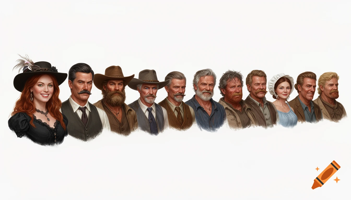 A row of nine bust portraits of diverse Old West characters, including women and men with beards and mustaches, on a white background, in a realistic digital painting style.