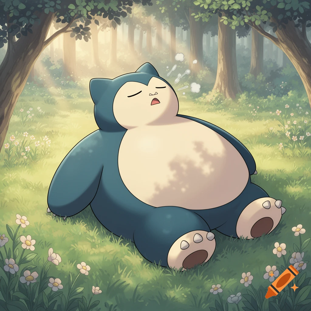 A cute Snorlax character sleeps soundly on a grassy forest floor amidst white flowers, with sunlight filtering through the trees.