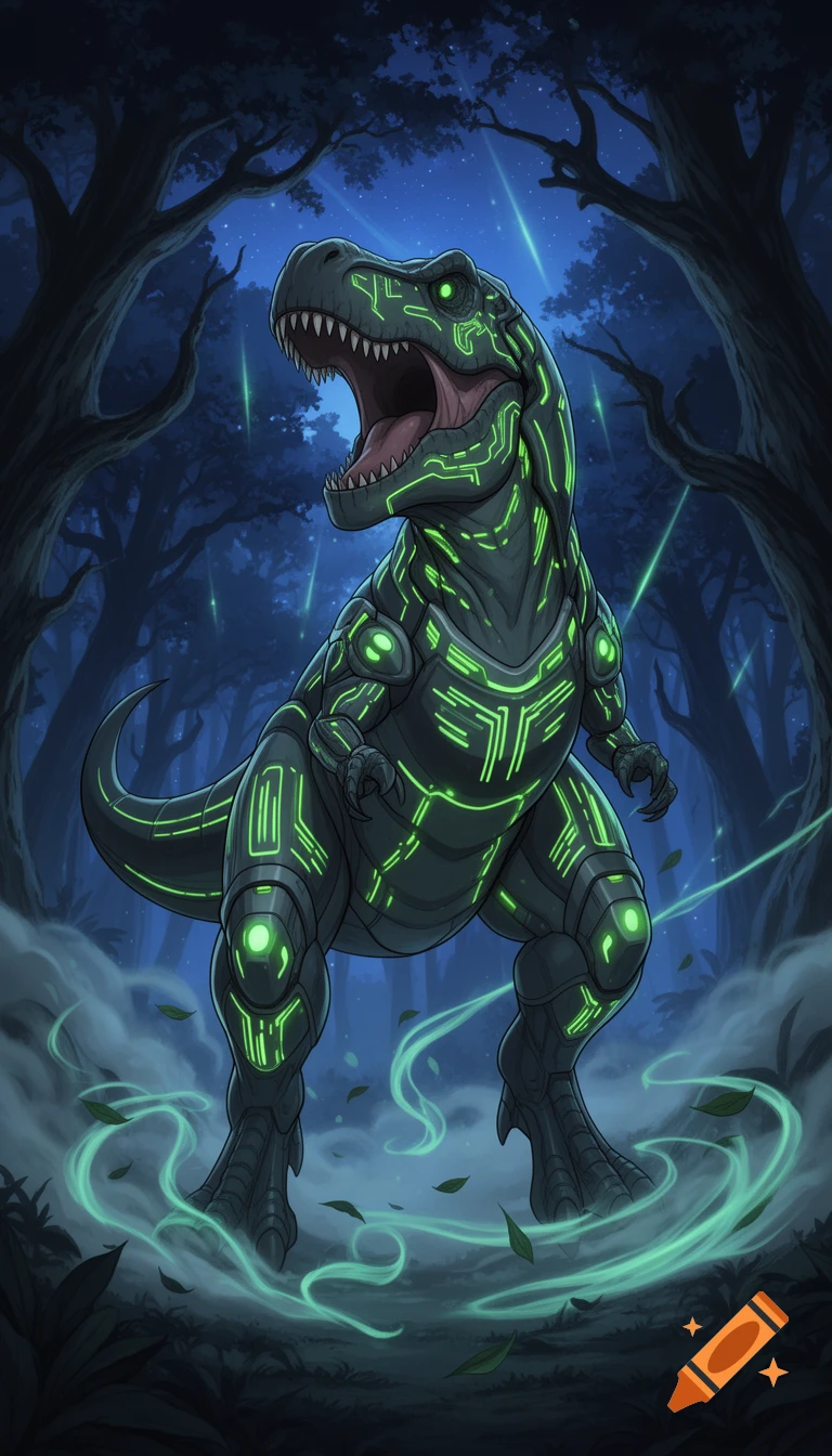 Anime-style illustration of a T-Rex in glowing green cyber armor, roaring in a dark, mystical forest.