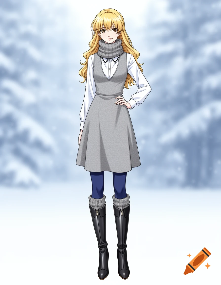 An anime woman with blonde hair in a grey dress, blue leggings, and black boots stands in a snowy landscape.
