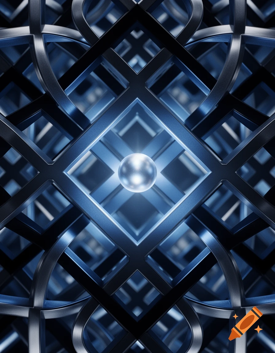 A symmetrical abstract geometric pattern of interlocking metallic blue and black frames, with a glowing silver sphere at its center.