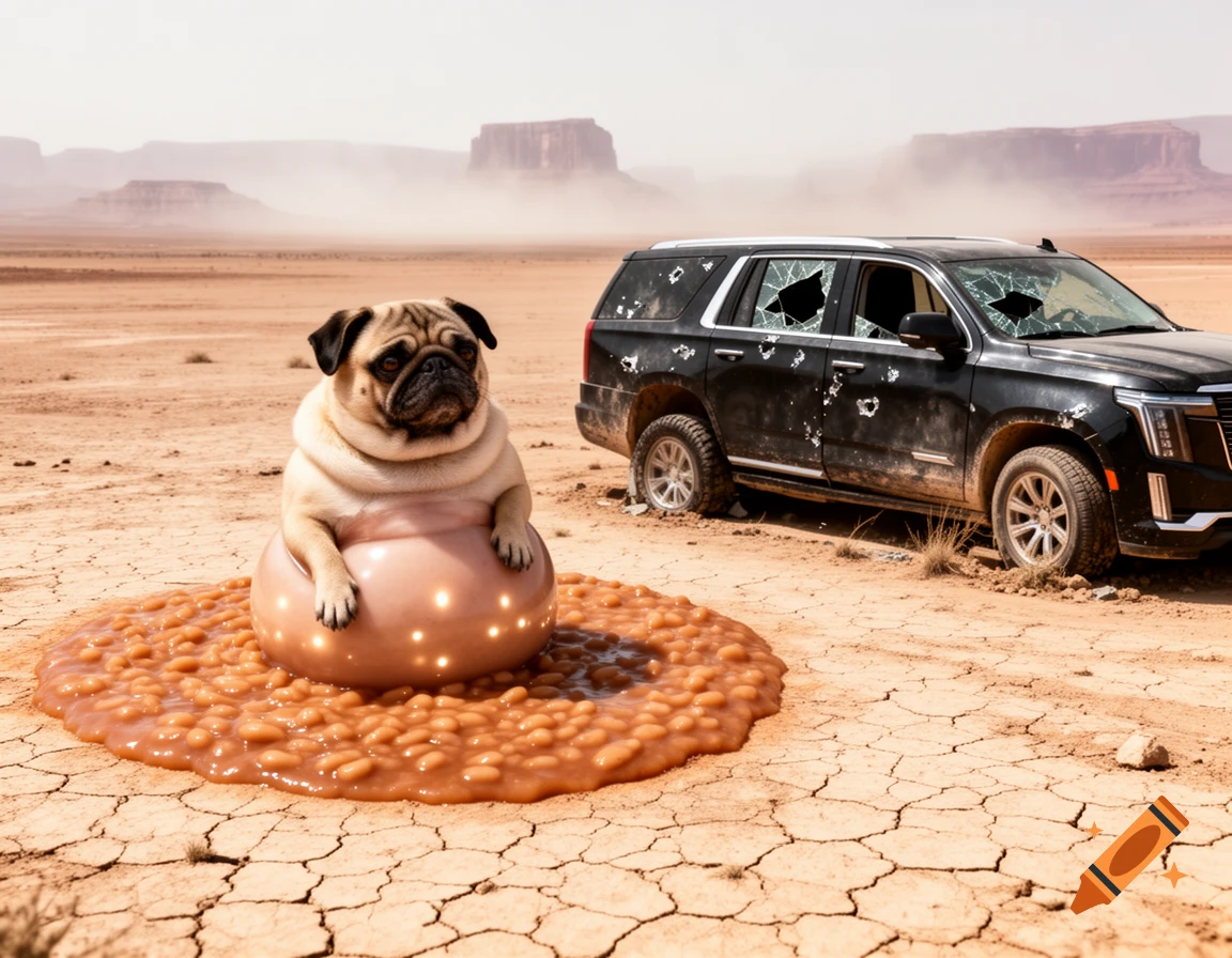An obese pug sits in a glowing, light pink pod surrounded by a puddle of baked beans in a cracked desert landscape with a damaged black SUV in the background.