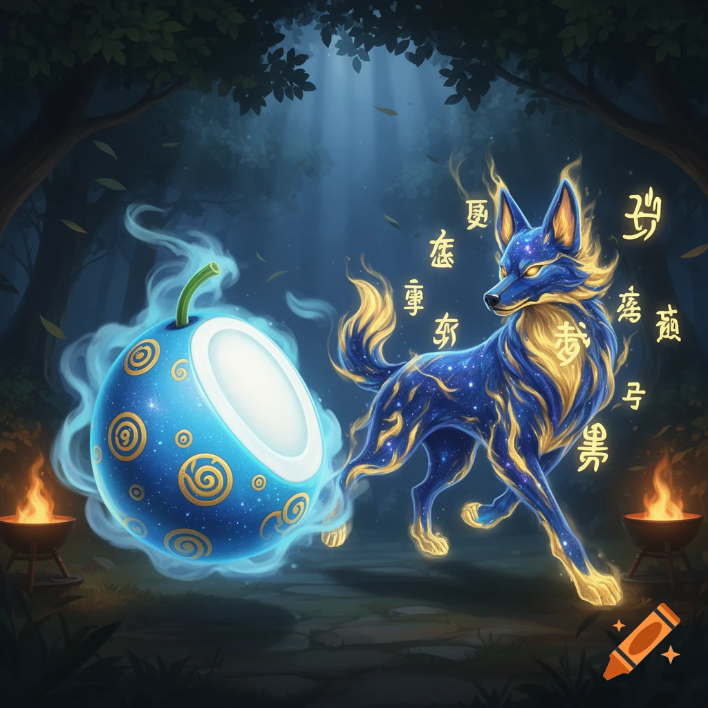 A stylized blue dog-like creature with golden markings and a glowing blue fruit with golden swirls in a mystical forest.