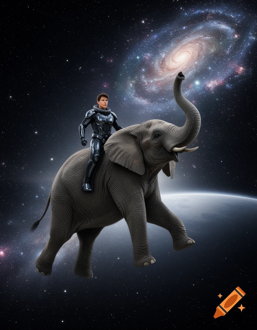 Tom Cruise in a black space suit rides a grey elephant through outer space, with a spiraling galaxy in the background.