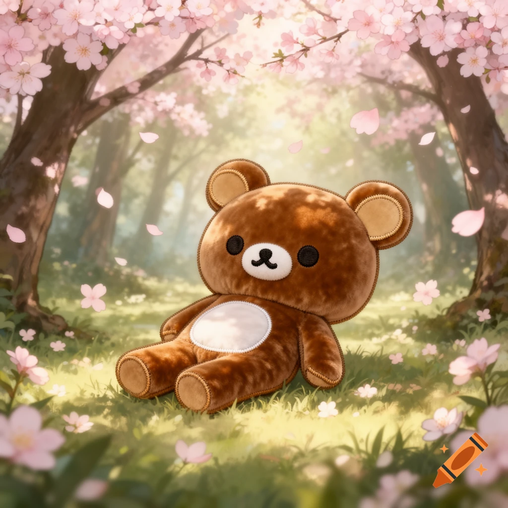 A cute Rilakkuma plush toy sits in a sunlit spring forest with pink cherry blossoms falling around it.