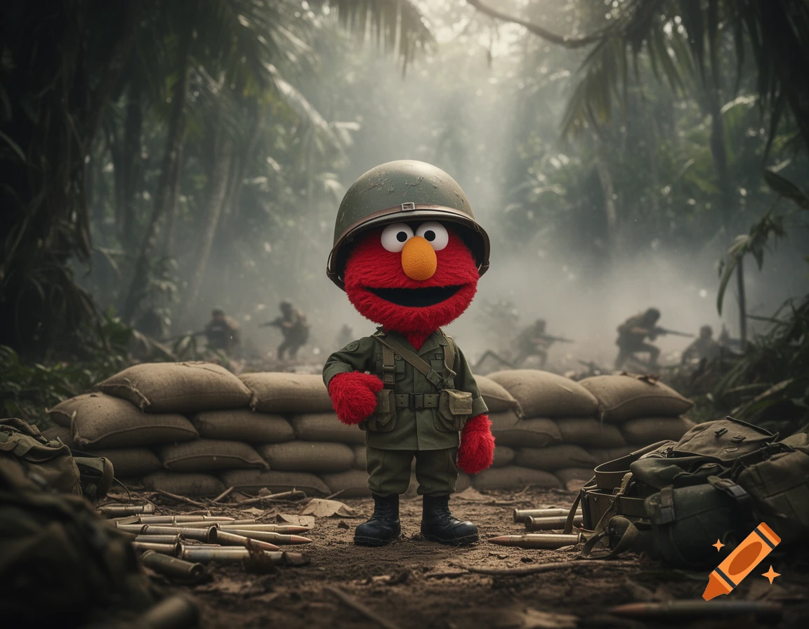 Elmo, wearing a military helmet and fatigues, stands in a muddy jungle with sandbags and bullet casings, blurry soldiers in the background.