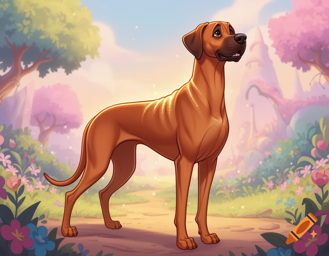 A brown Rhodesian Ridgeback dog stands on a path in a whimsical, colorful, Disney-style fantasy landscape with pink trees and sparkling flowers.