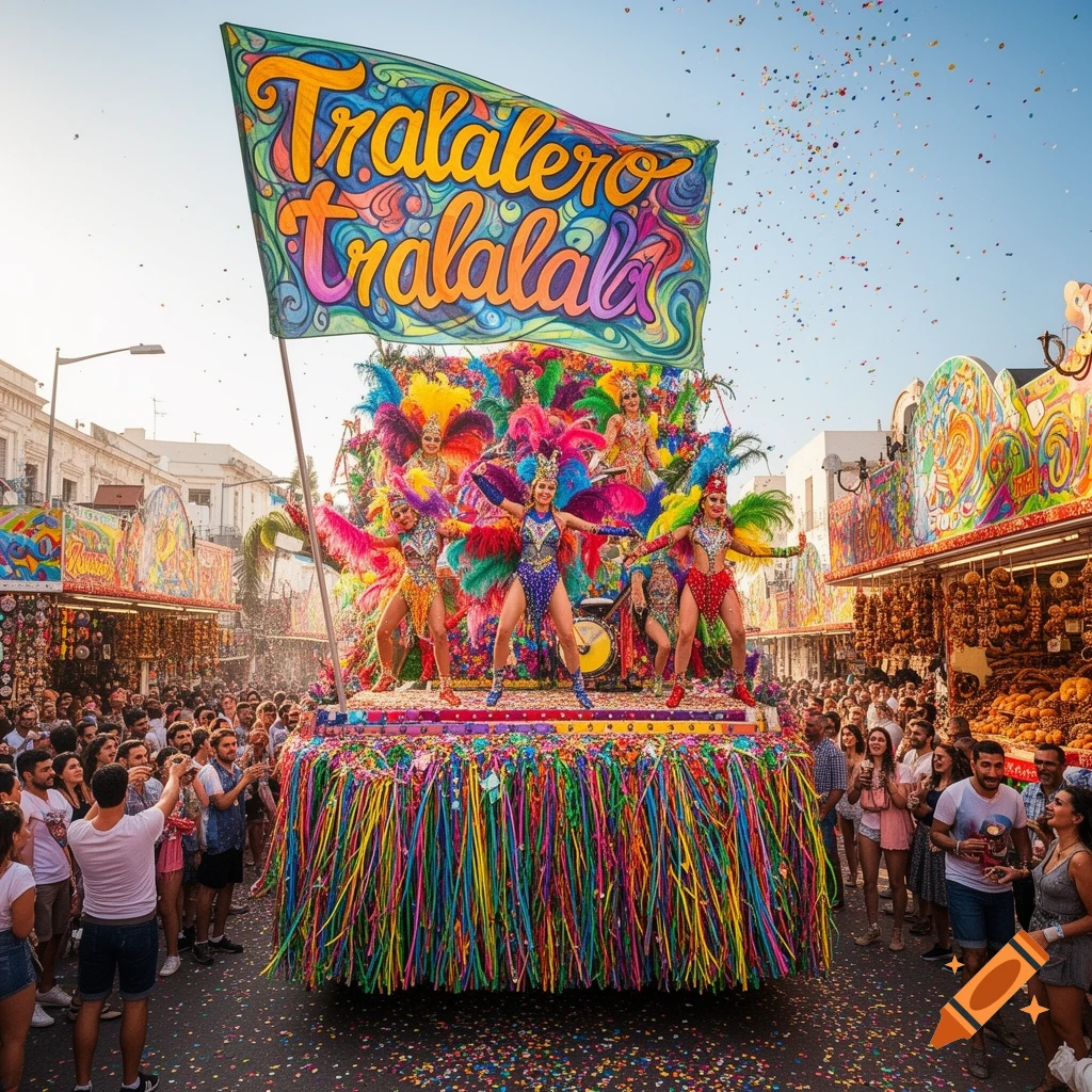 A vibrant carnival parade float with dancers in colorful feather costumes and a large flag, surrounded by a cheering crowd.