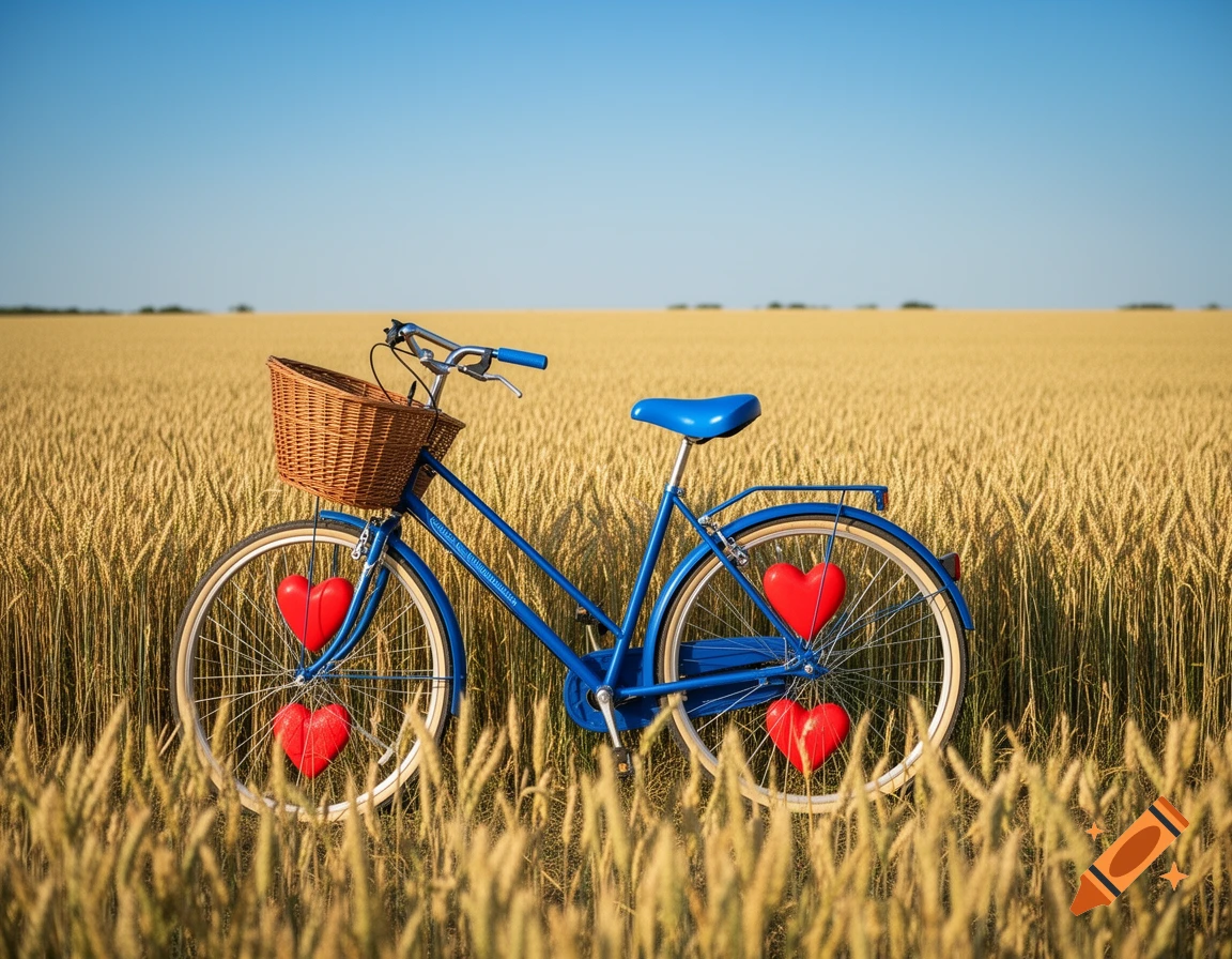 A blue bicycle with a wicker basket, blue seat, and red hearts on its wheels stands in a golden wheat field under a clear sky.