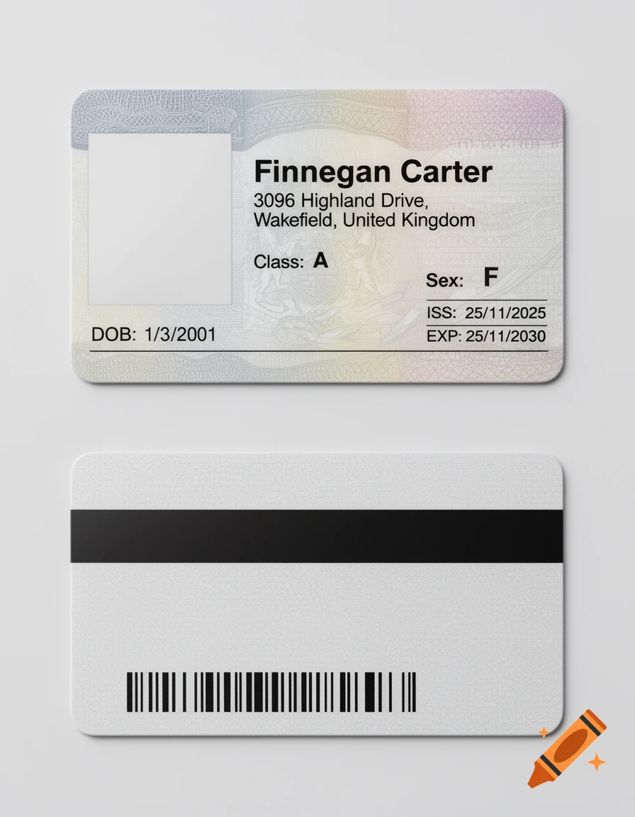 A photorealistic image of the front and back of a white ID card with black text, a magnetic strip, and a barcode.