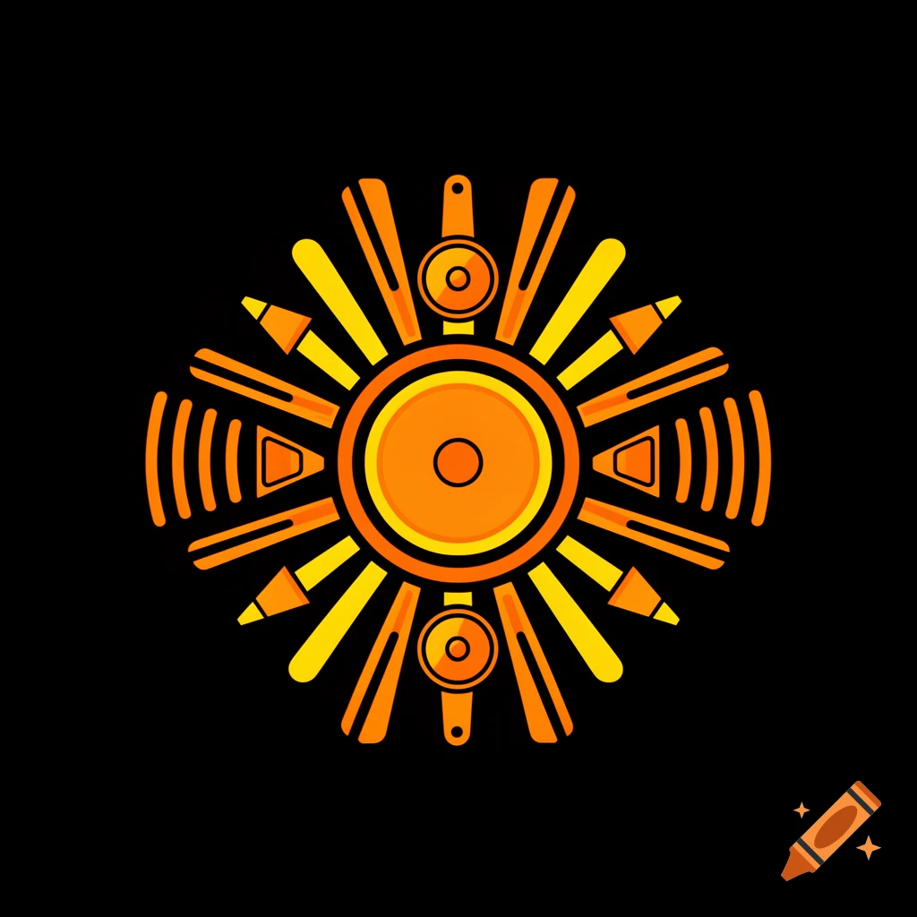 A stylized circular vector symbol with orange and yellow elements on a black background, combining a loudspeaker and sun rays with musical motifs.