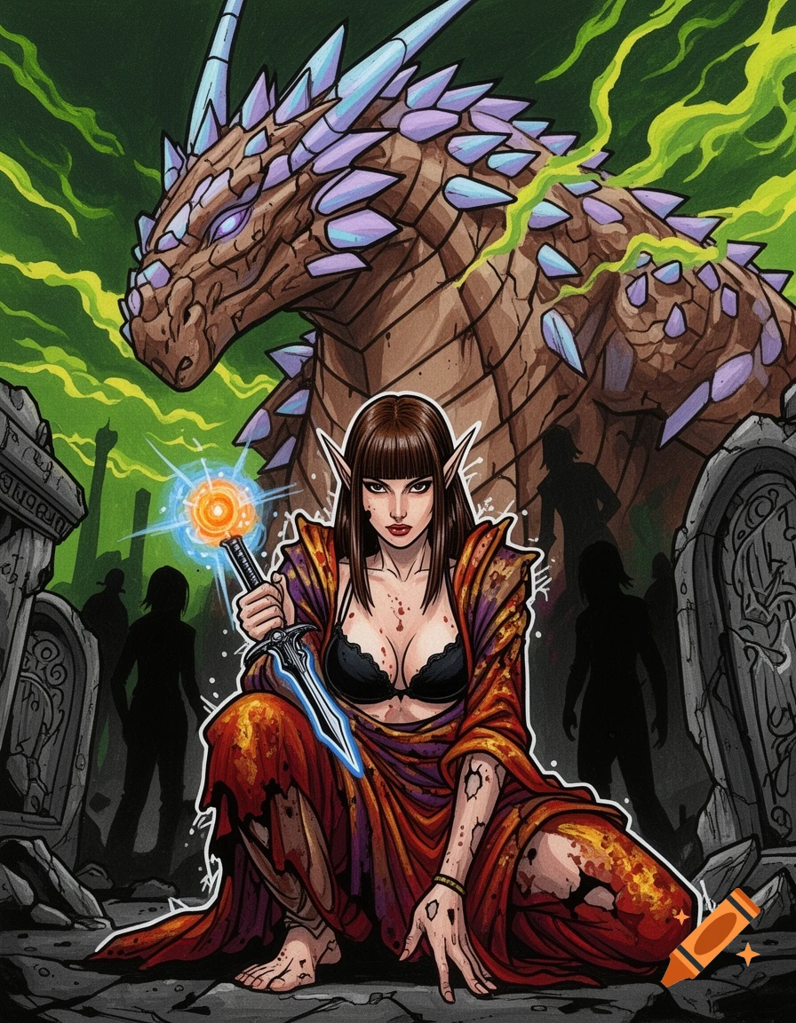 An elf mage in a black bra and torn robes crouches with a glowing dagger, a brown dragon and ruins behind her.