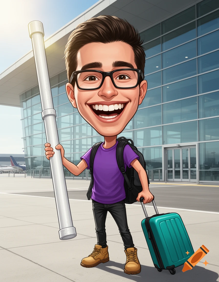 A cheerful caricature cartoon of a young man with glasses, backpack, holding a giant white pipe like a staff and pulling a teal suitcase at an airport.
