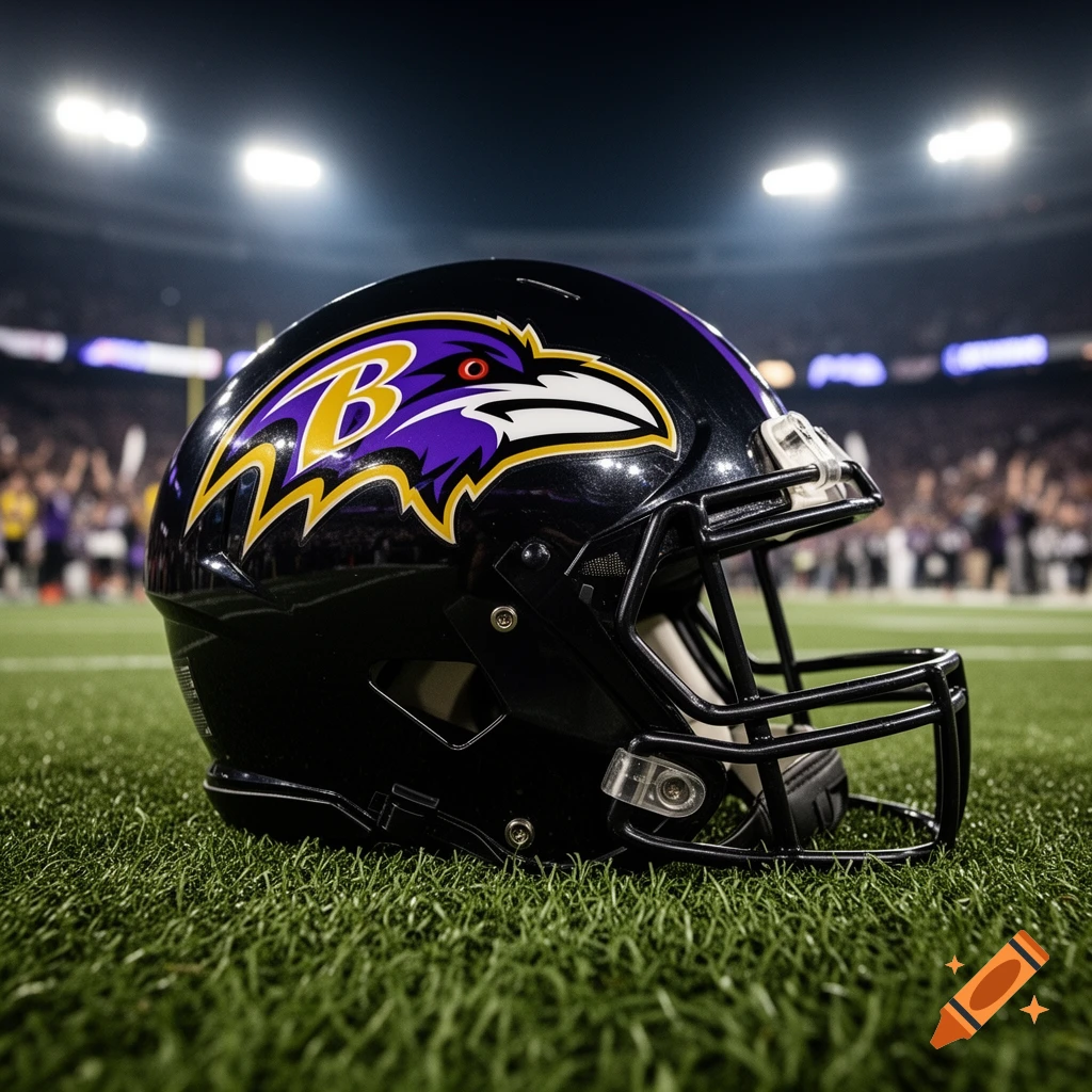 A black Baltimore Ravens football helmet rests on green grass under stadium lights.