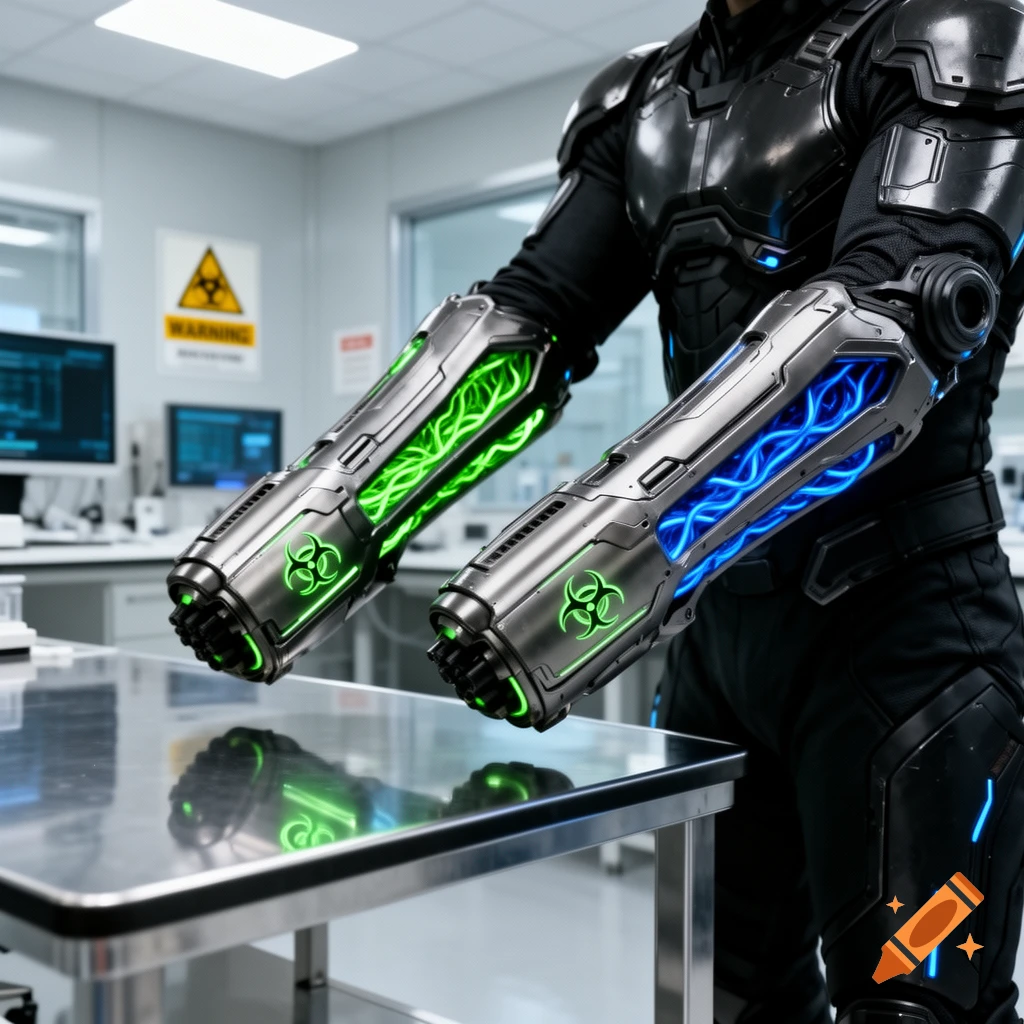 A person in a black armored suit wears glowing green and blue biohazard arm cannons in a laboratory setting.