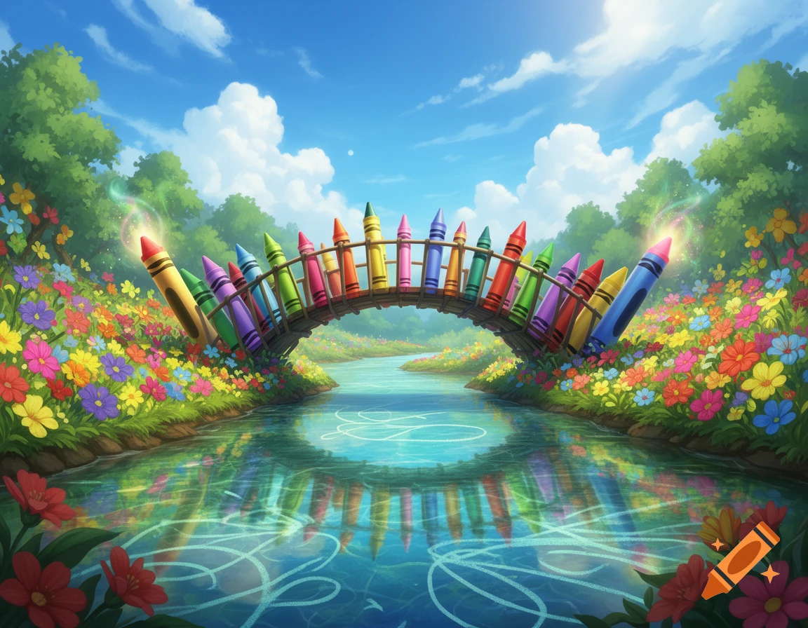 A whimsical bridge made of colorful crayons arches over a river, surrounded by vibrant flowers, green trees, and a blue sky.