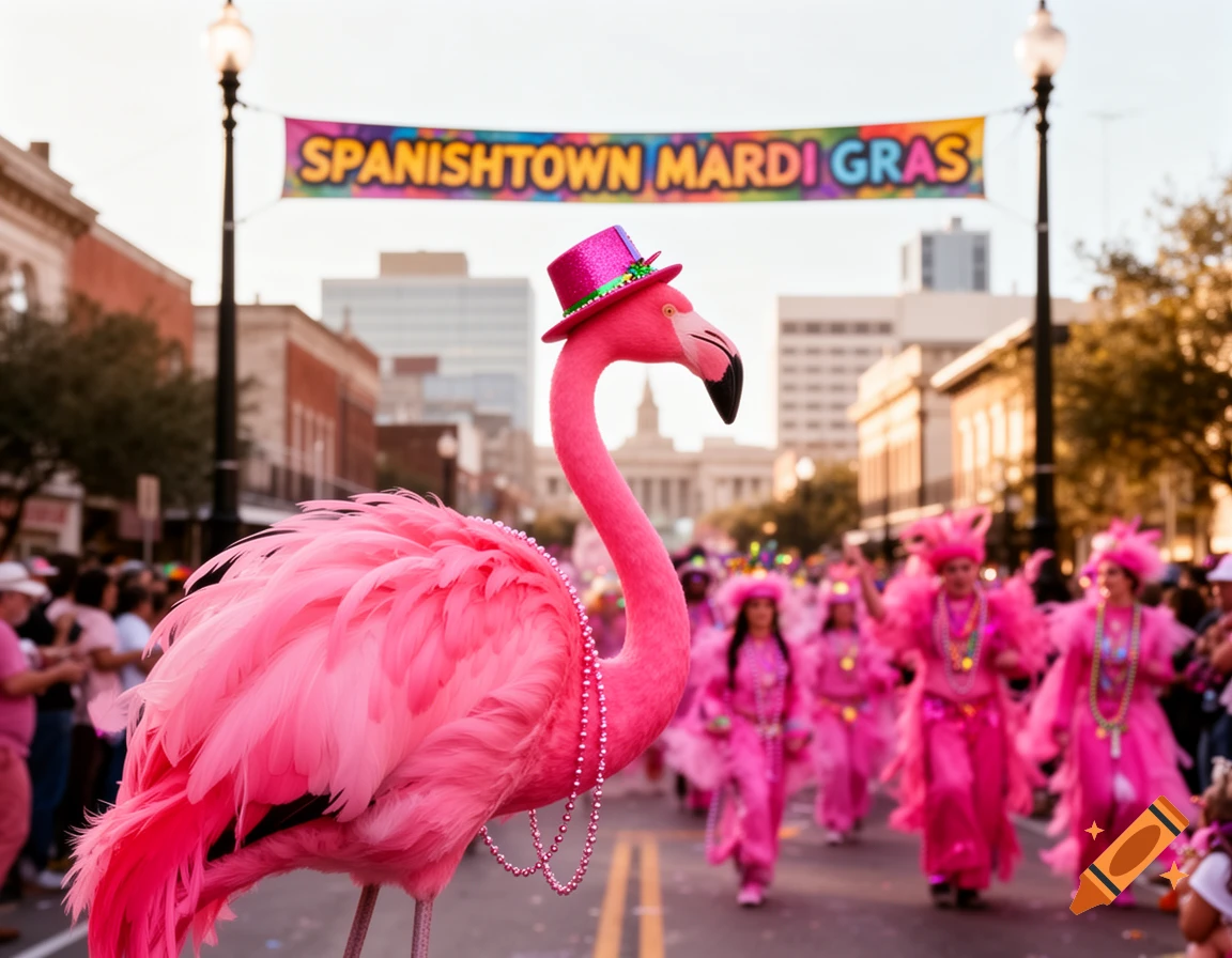 A large pink flamingo in a top hat and beads leads a Mardi Gras parade, with people in pink costumes and a "SPANISHTOWN MARDI GRAS" banner overhead.