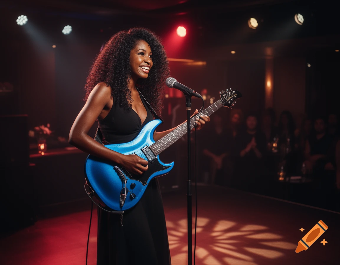 Smiling Black woman with curly hair playing a blue electric guitar on a dimly lit stage under spotlights.