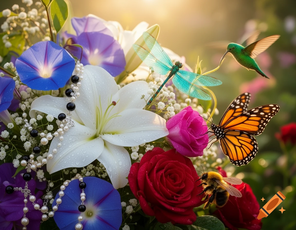 Photorealistic bouquet of lilies, morning glories, and roses with a rosary. A dragonfly, butterfly, hummingbird, and bumblebee are among the flowers.