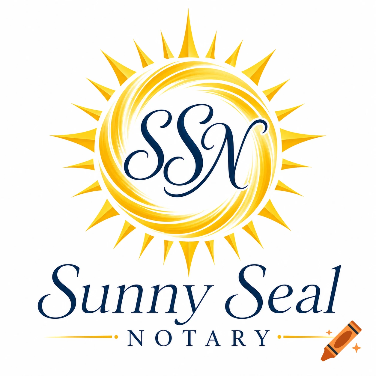 A bright yellow sun logo with 'SSN' in a blue calligraphy font, and 'Sunny Seal NOTARY' below.