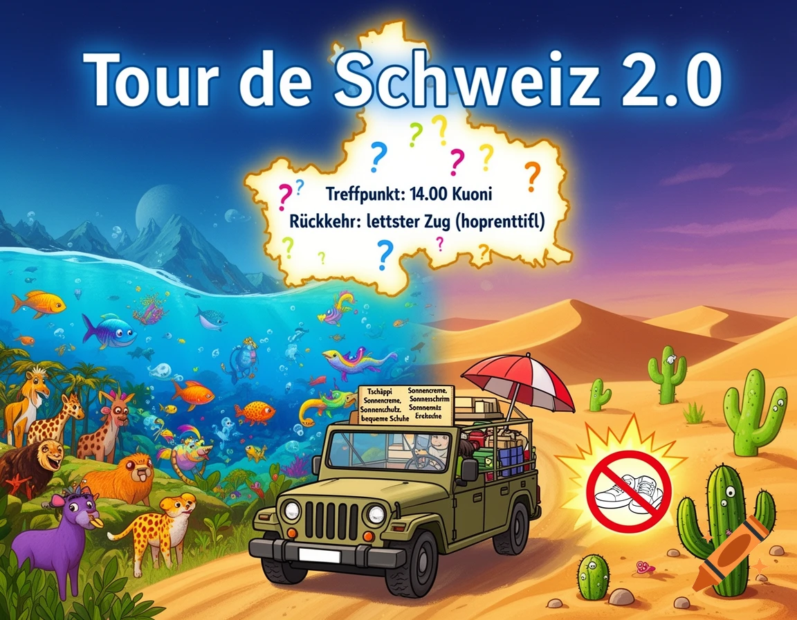 A colorful cartoon invitation titled "Tour de Schweiz 2.0" showing a Jeep transitioning from an underwater world with fish and land animals to a desert with cacti. A map of Switzerland with question marks is in the sky, and text provides event details and packing lists.