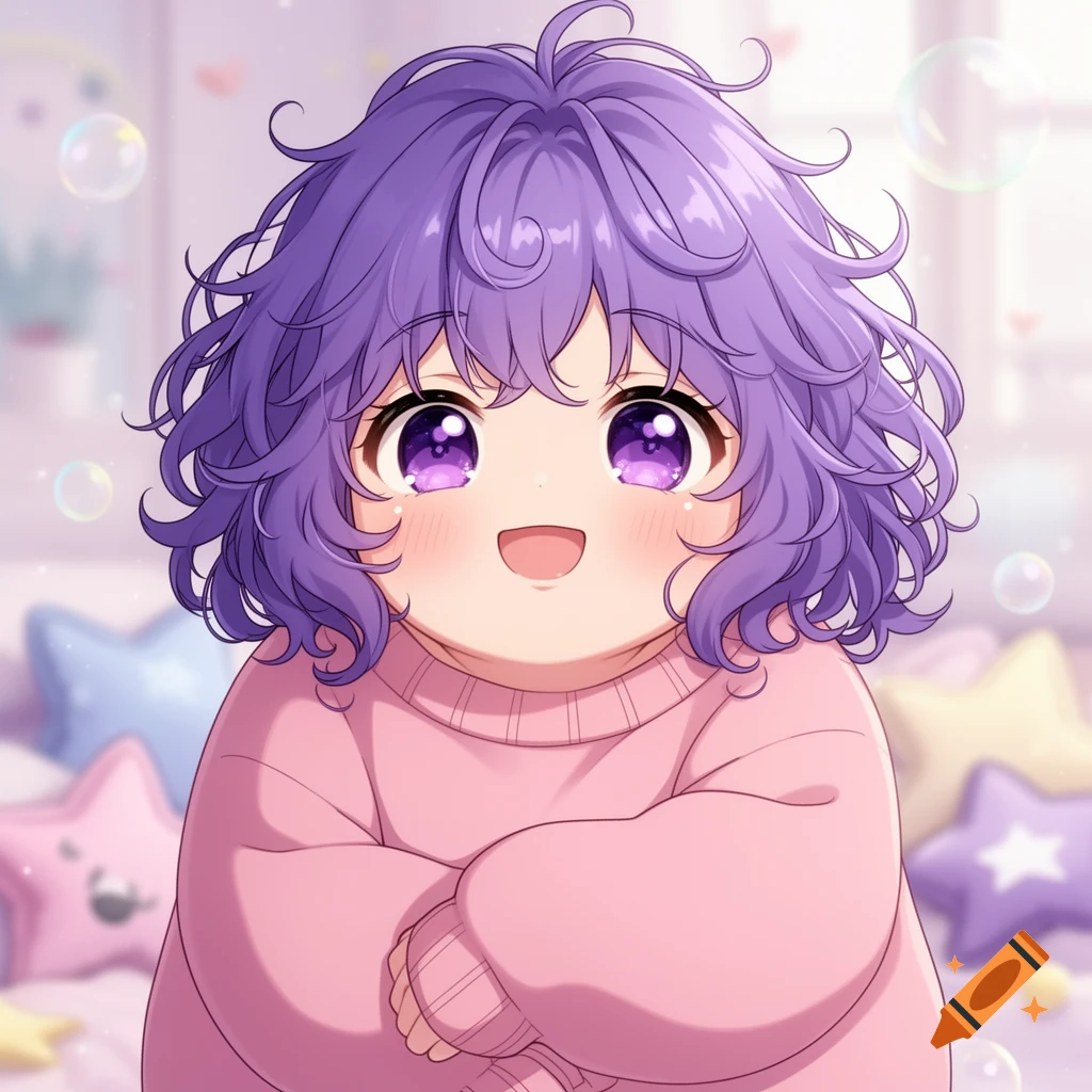 Cute, chubby anime girl with messy purple hair and sparkling purple eyes, smiling in a pink sweater.