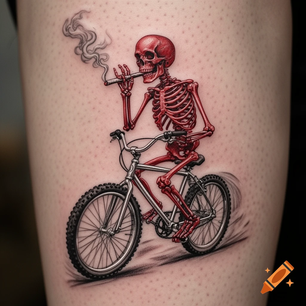 A tattoo of a red skeleton riding a bicycle and smoking a joint, with smoke rising.