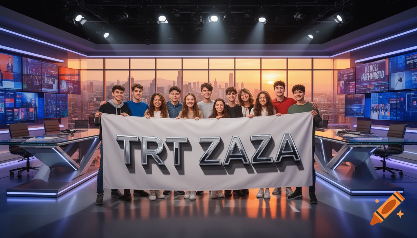 A group of young people holding a 'TRT ZAZA' banner in a modern news studio with a city skyline at sunset.