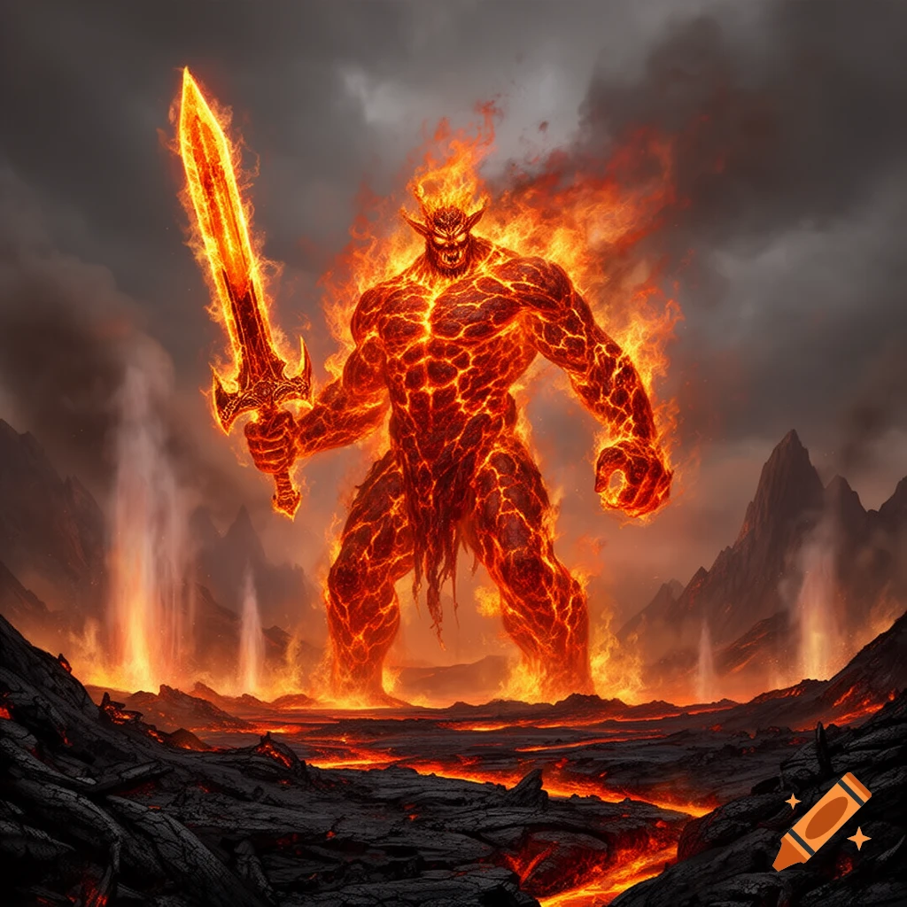 A towering, muscular fire giant with horns holds a flaming sword amidst a fiery volcanic landscape with lava and dark clouds.