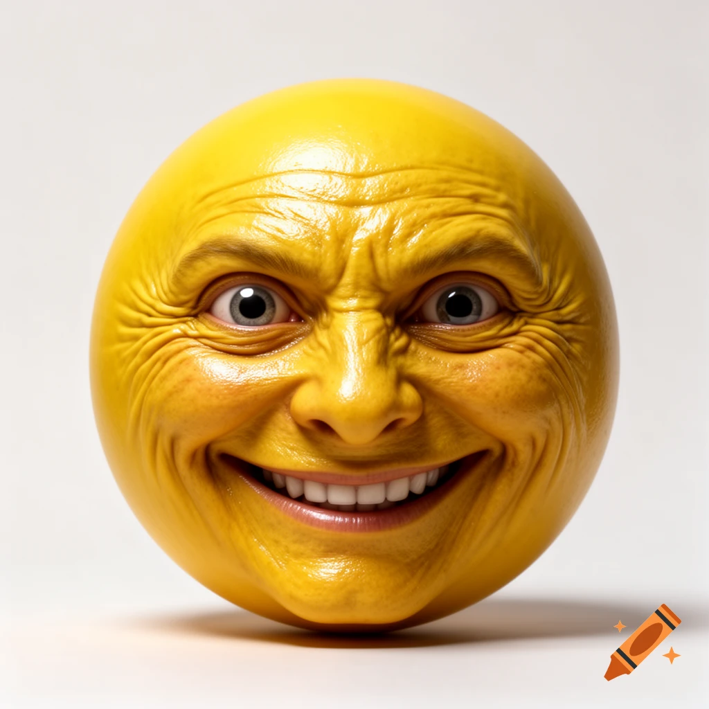 A hyper-realistic, scary yellow emoji face with deep wrinkles, wide eyes, and a broad smile, set against a white background.