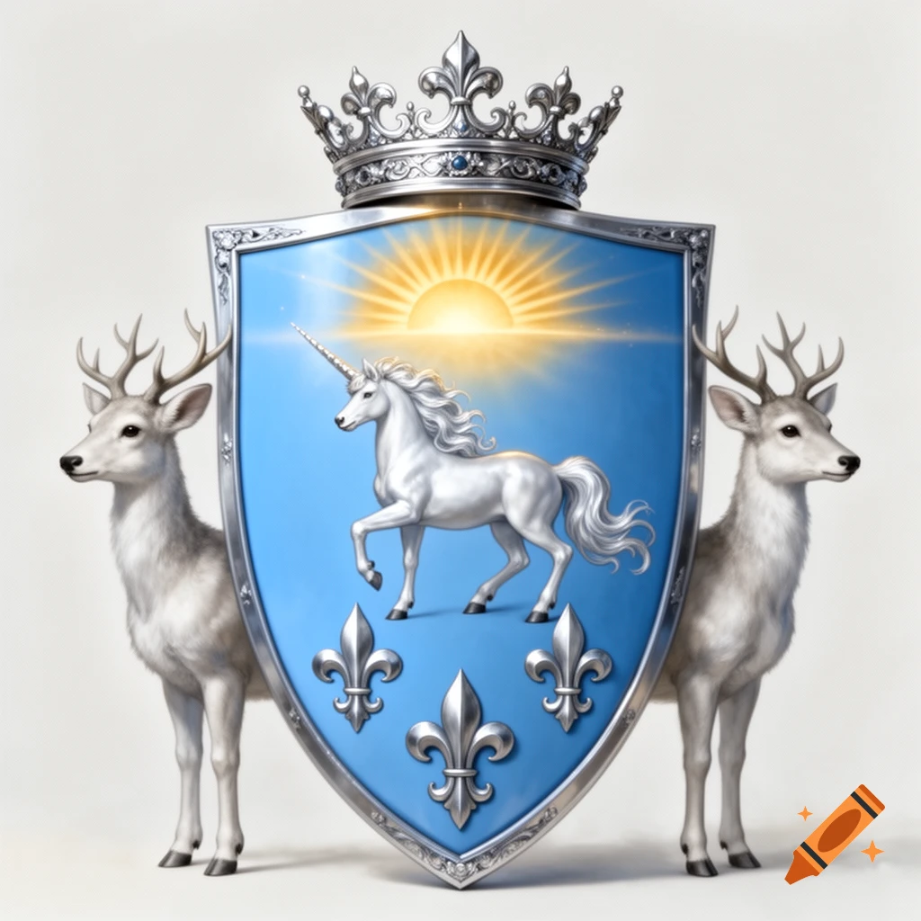 A Renaissance-style heraldic crest featuring a white unicorn, golden sun, and silver fleurs-de-lis on a blue shield, topped with a crown and flanked by white deer.