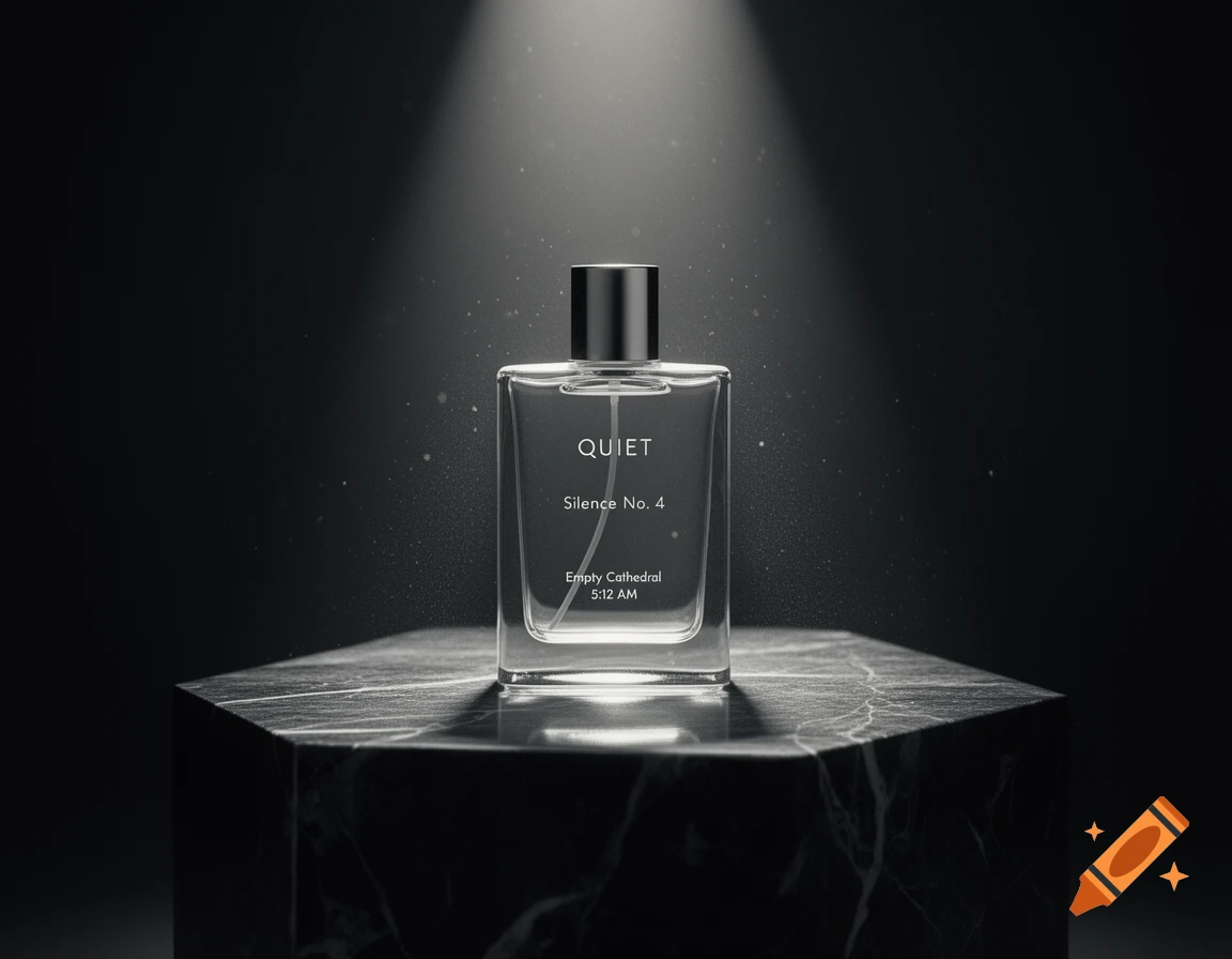 Luxury minimalist perfume bottle labeled 'QUIET Silence No. 4' on a dark marble pedestal, illuminated by a spotlight with floating dust.