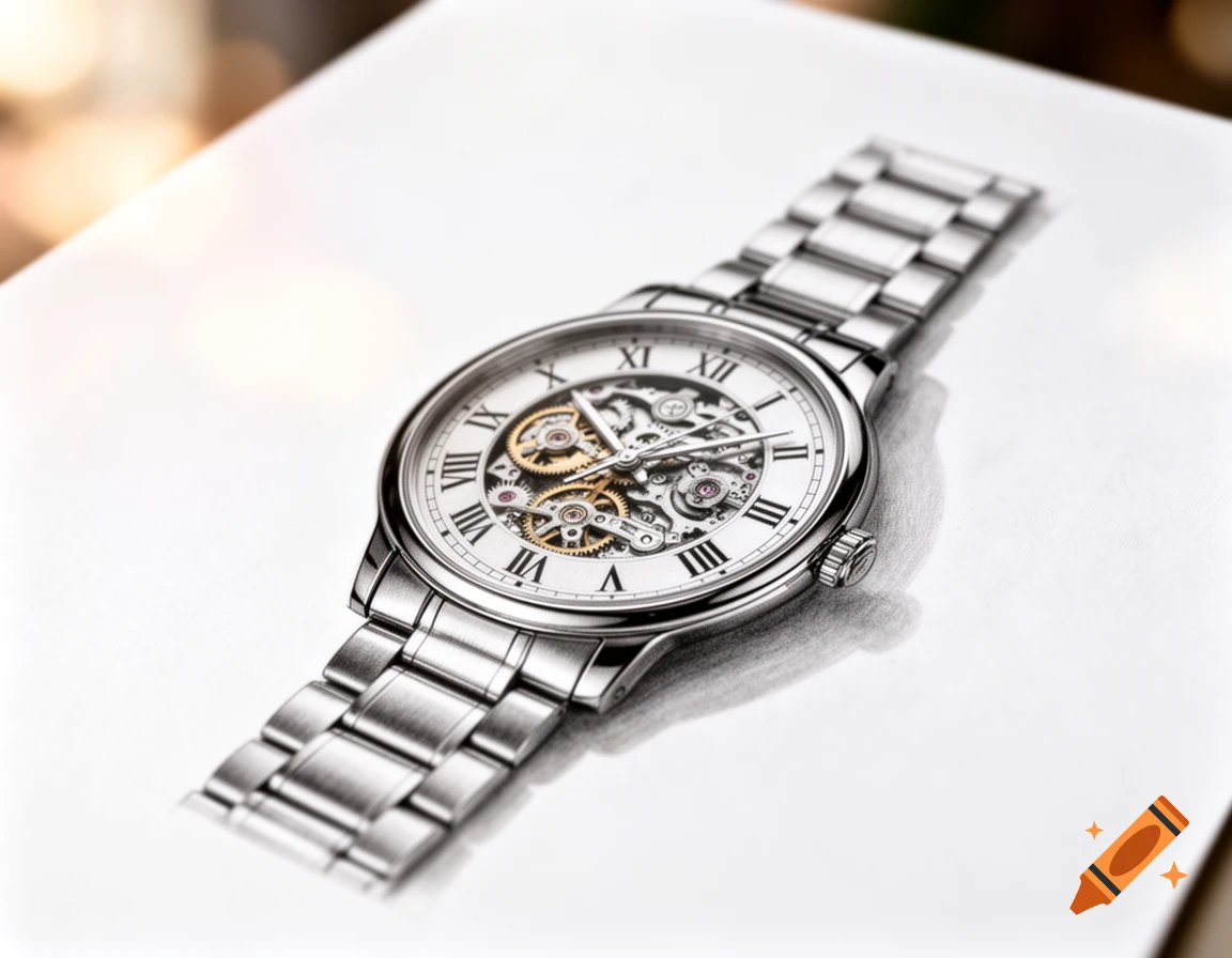 Detailed silver skeleton watch with Roman numerals, realistically drawn on white paper.