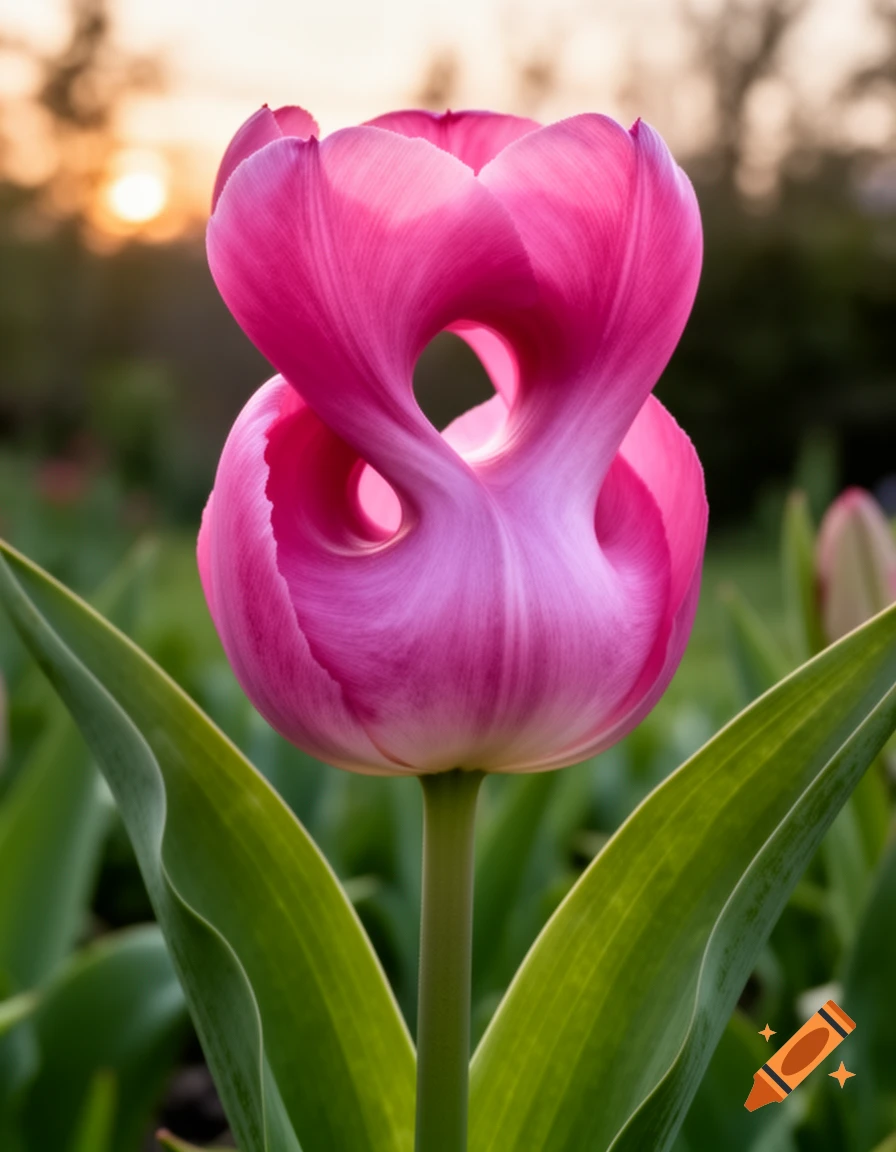 A vibrant pink tulip shaped like a Klein bottle, featuring a complex, self-intersecting form, set in a garden with a soft sunset in the background.