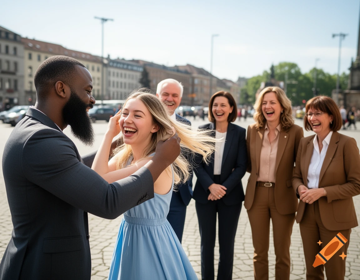 A diverse group of adults laughing outdoors, with a man and woman in the foreground and other women in suits behind them, in a city street.