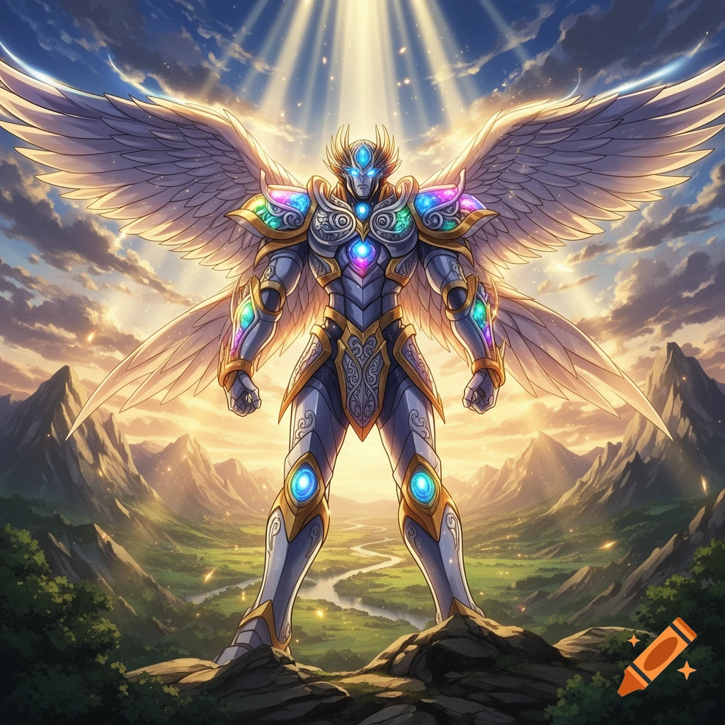 A winged anime warrior in shining armor with glowing gems stands on a mountain overlooking a lush valley under sunbeams.