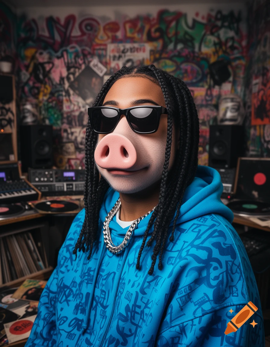 A person with braided hair, sunglasses, and a pink pig snout, wearing a blue patterned hoodie and a silver chain, in a graffiti-covered music studio.