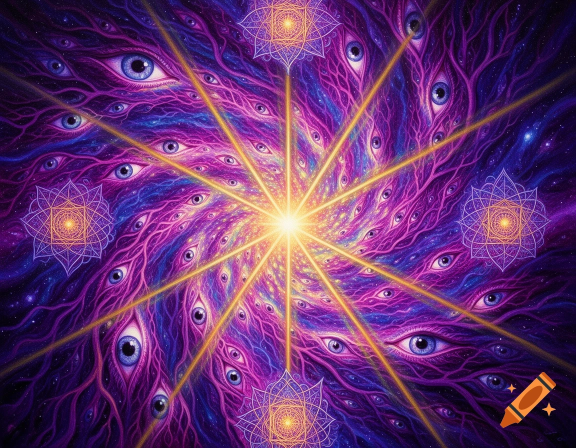 A vibrant psychedelic painting with a central golden light burst, surrounded by swirling blue eyes, fractal roots, and mandala designs in purple and blue.