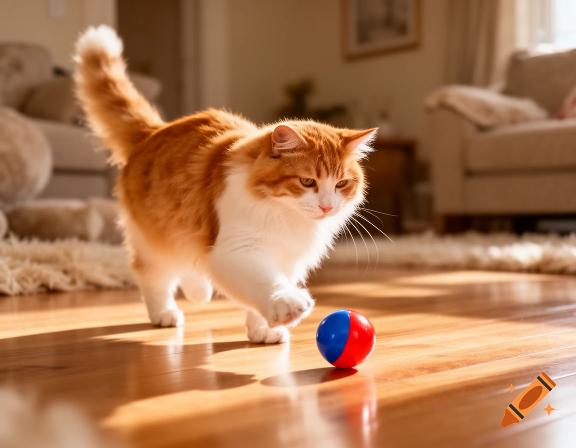 An orange and white cat bats a red and blue ball on a shiny wooden floor in a sunlit room.