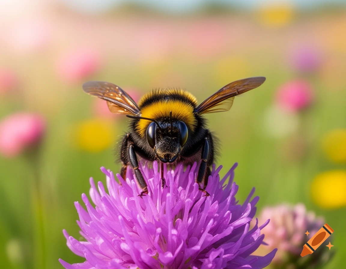 Close-up, front-facing shot of a fuzzy yellow and black bumblebee with transparent wings, perched on a vibrant purple clover flower in a sunny, soft-focus field.