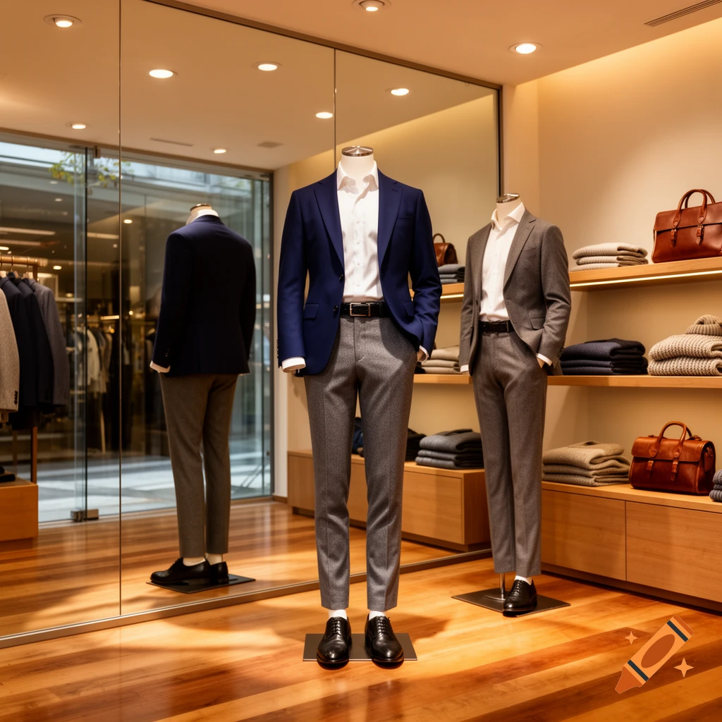 Two mannequins in suits stand in a modern clothing store with shelves of apparel and accessories.