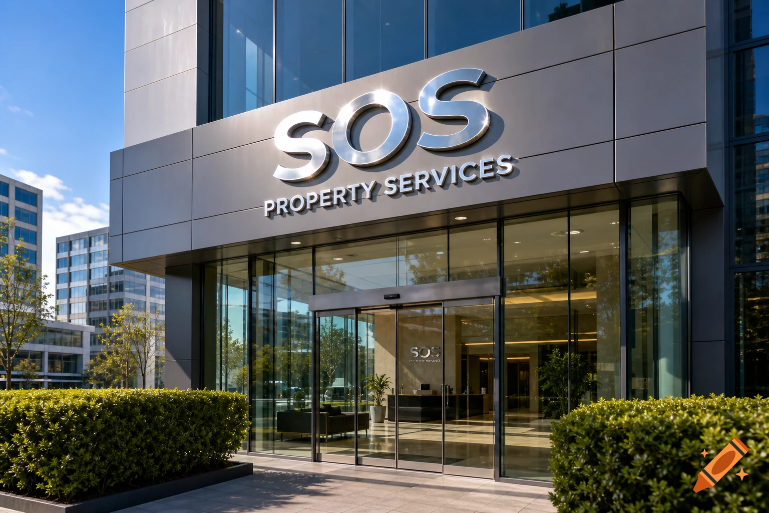 Exterior view of a modern building with a large 'SOS PROPERTY SERVICES' sign above its glass entrance.