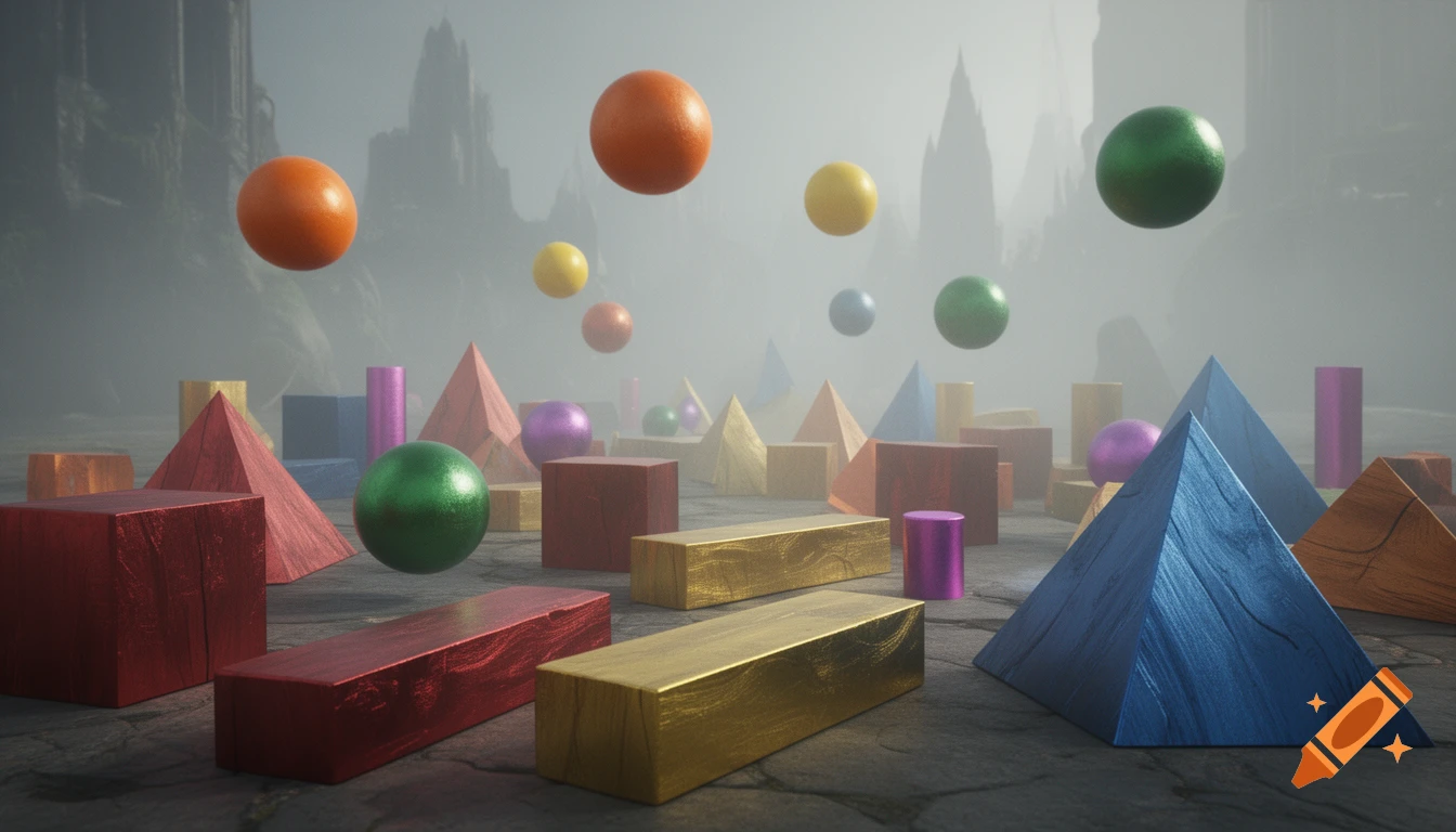 Photorealistic 3D render of various metallic geometric shapes with wood grain, including floating spheres, in a misty, rocky landscape.