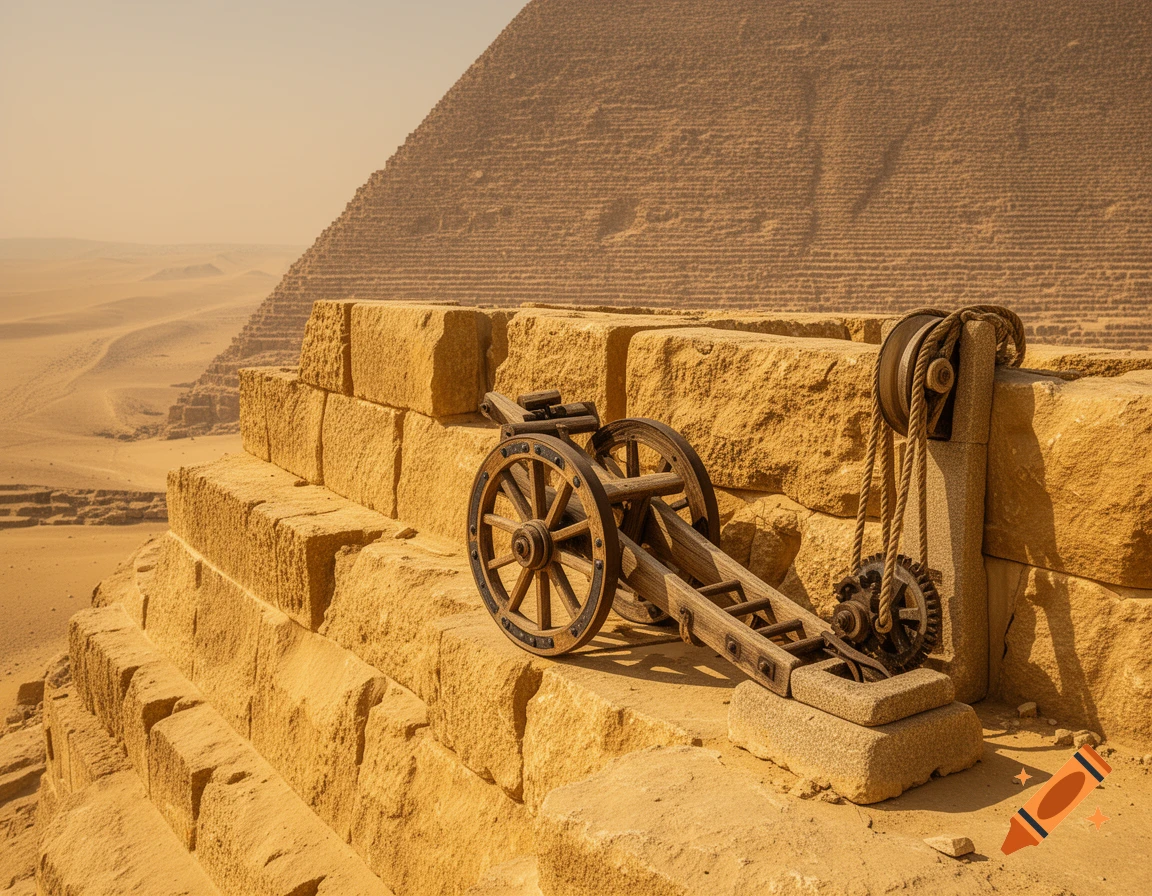 A wooden cartwheel and pulley rest on large stone blocks with a massive pyramid and desert landscape in the background, photorealistic.
