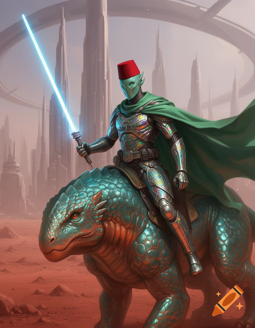 A futuristic alien soldier with a red fez, green cape, and shiny armor rides a scaly beast, holding a glowing light sword in a sci-fi city on Mars.