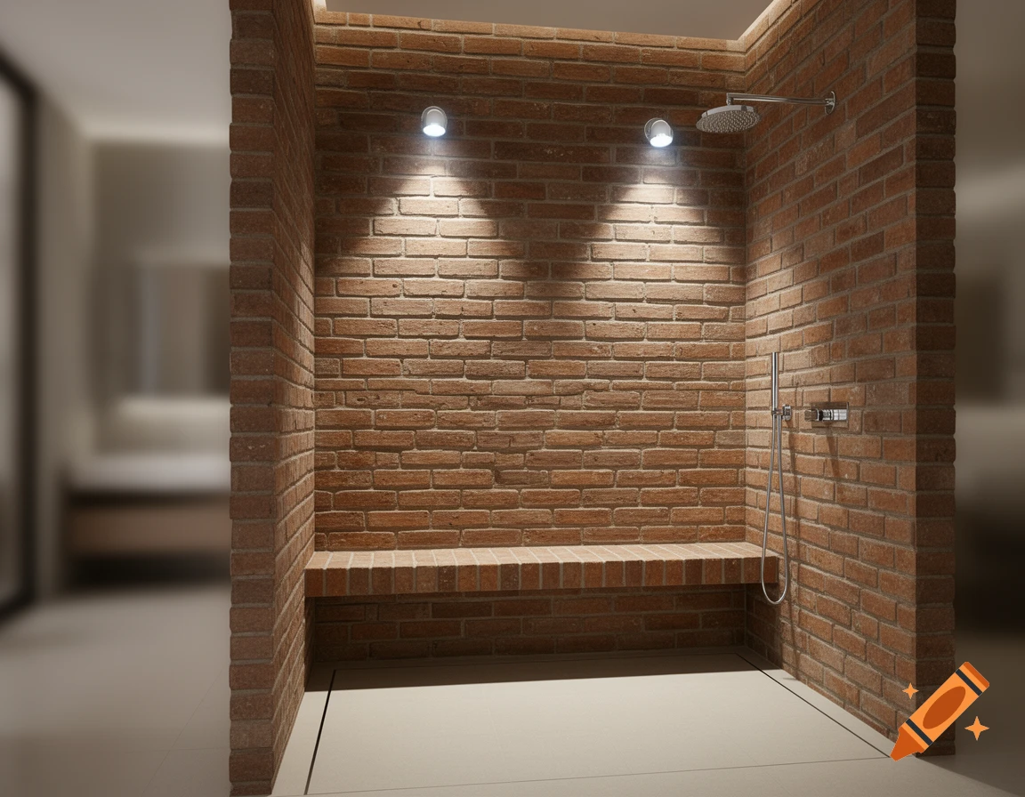 A photorealistic walk-in shower with exposed brick walls, a built-in brick bench, and two overhead LED spotlights.
