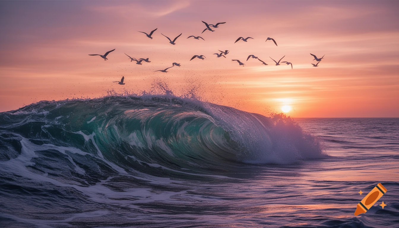 A large ocean wave crests under a vibrant orange and pink sunset, with seagulls flying in the distance.