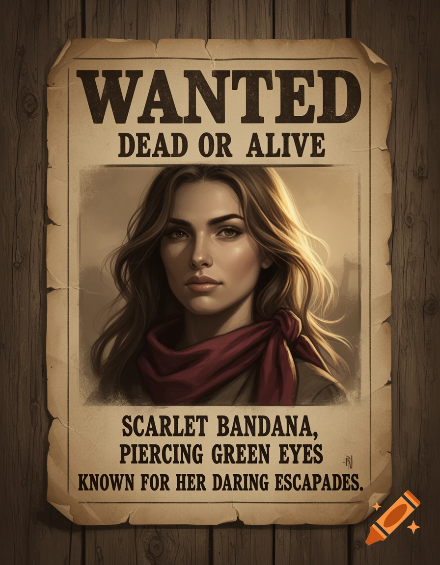 A vintage-style wanted poster features a portrait of a woman with long brown hair and a red scarf. Text reads "WANTED DEAD OR ALIVE" and describes her.